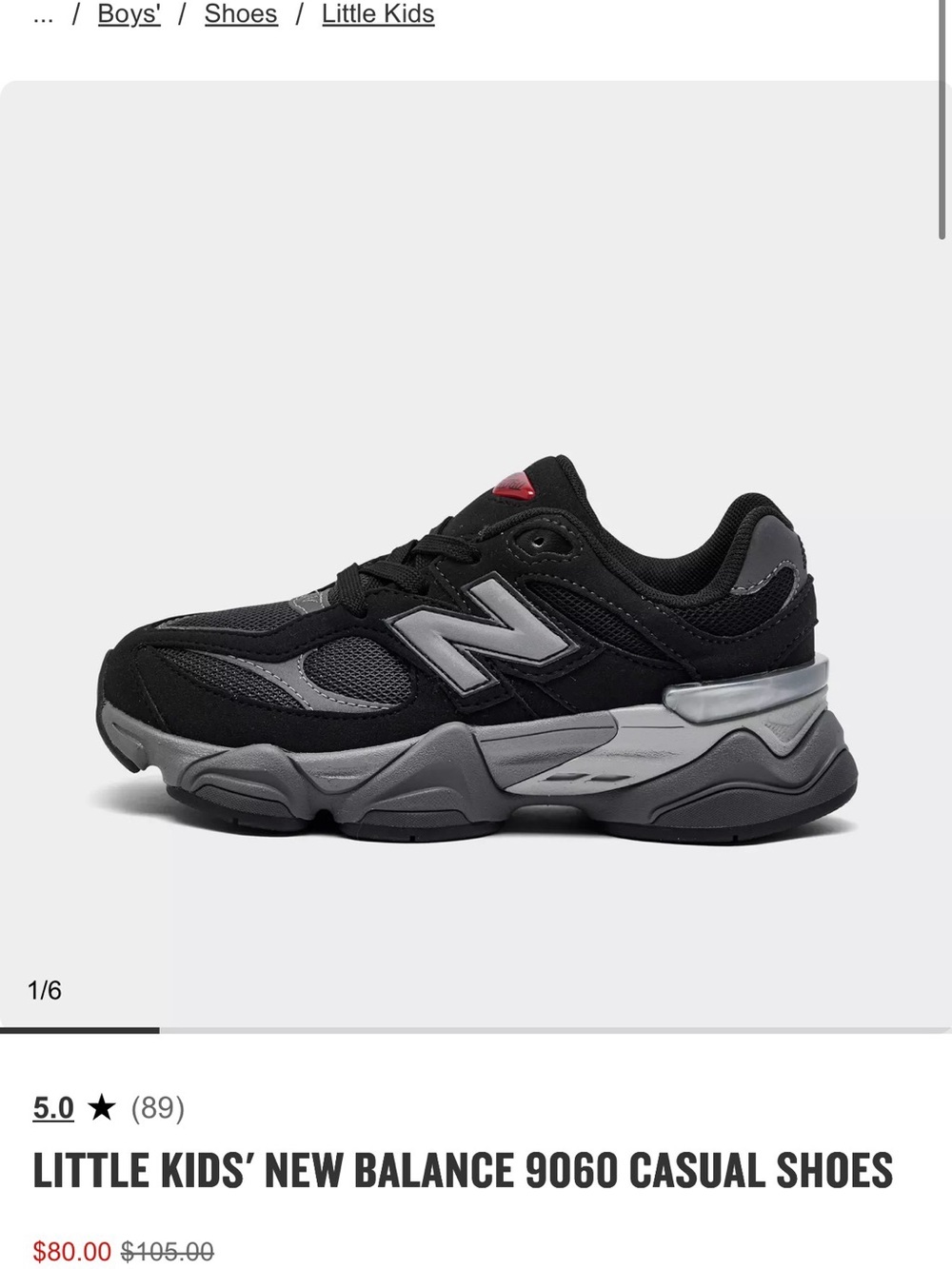 New Balance Black and Gray Little Kids' 9060 Casual Sneakers